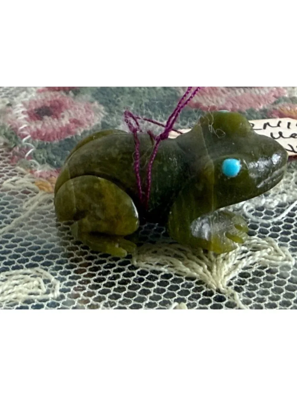 Vintage 70s Bernie Laselute Green Serpentine Carved Zuni Fetish Turquoise Eyes